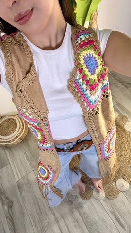 Gilet Lungo Frange Cammello