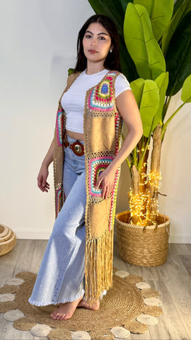 Gilet Lungo Frange Cammello