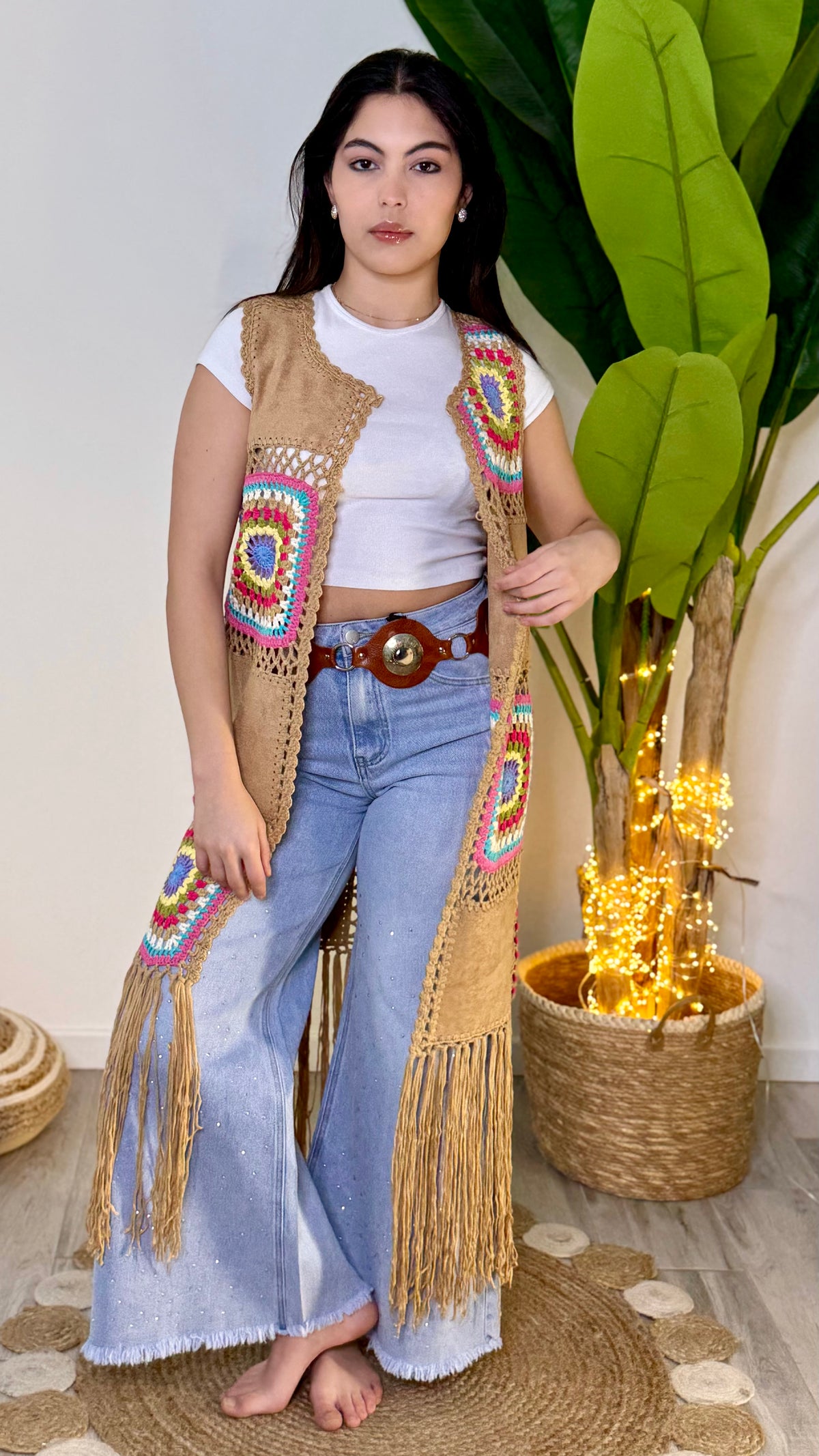 Gilet Lungo Frange Cammello