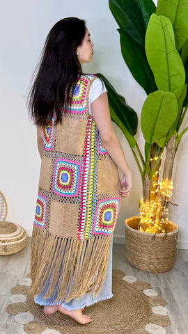 Gilet Lungo Frange Cammello