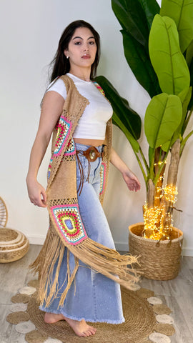 Gilet Lungo Frange Cammello